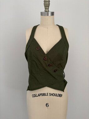 Moon River Olive Green Linen Blend Asymmetrical Button Halter Boho Safari Top L
